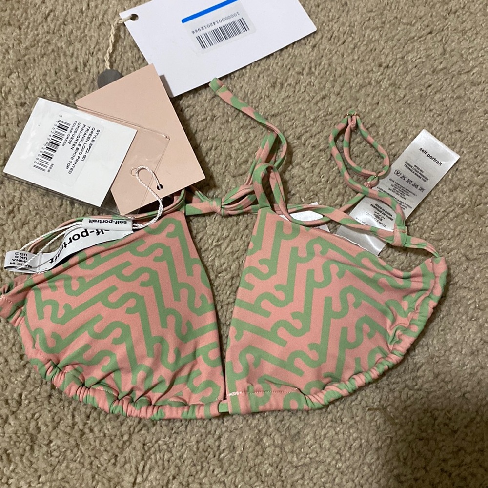 Self-Portrait Green Logo Print Bikini Top